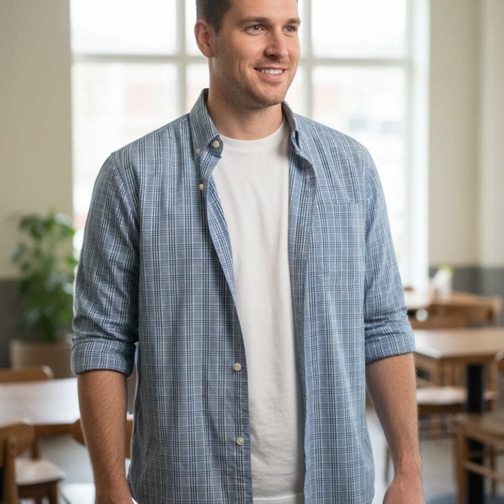 Men's Blue Checkered Button-Down Shirt